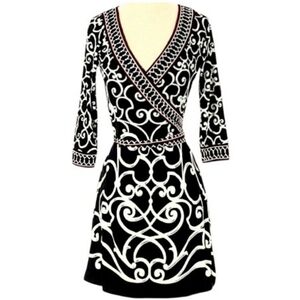 WHBM Faux Wrap V-Neck Belted Sheath Ornate Scroll Midi. Sz. 12